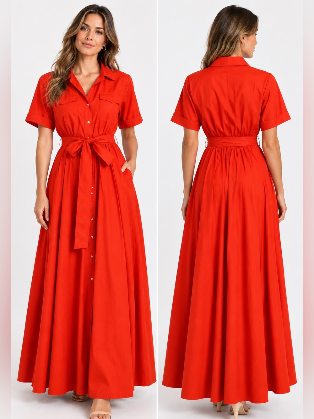 STAUD Millie Belted Maxi Shirt Dress Red Orange Size 4 - Picture 2 of 6